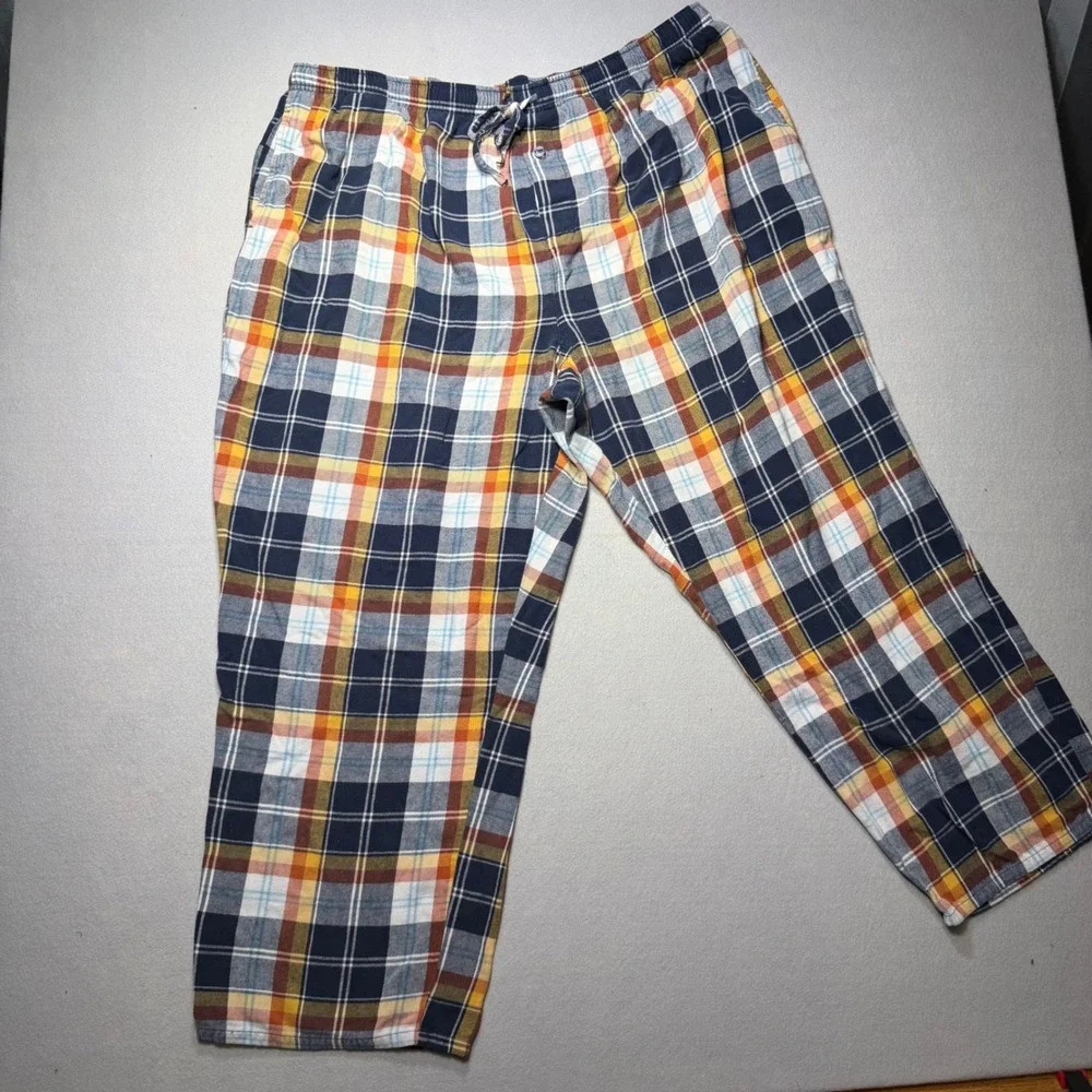 St Johns Bay Mens 2XL Pajama Pants Blue Orange Plaid Flannel Cotton Sleepwear